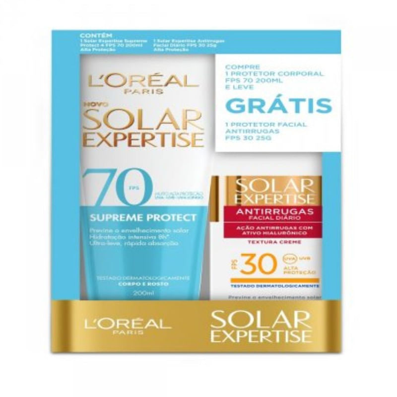 Kit Protetor Solar L'Oréal Expertise Com Facial Antirrugas FPS30 Com 25g + Corporal Supreme Protect 4 FPS70 Com 200ml