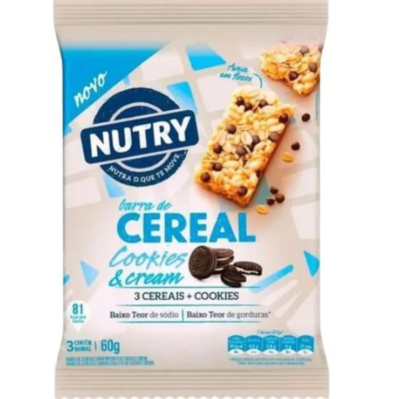 Barra de Cereal Cookies & Cream Nutry 3 Unidades 60g