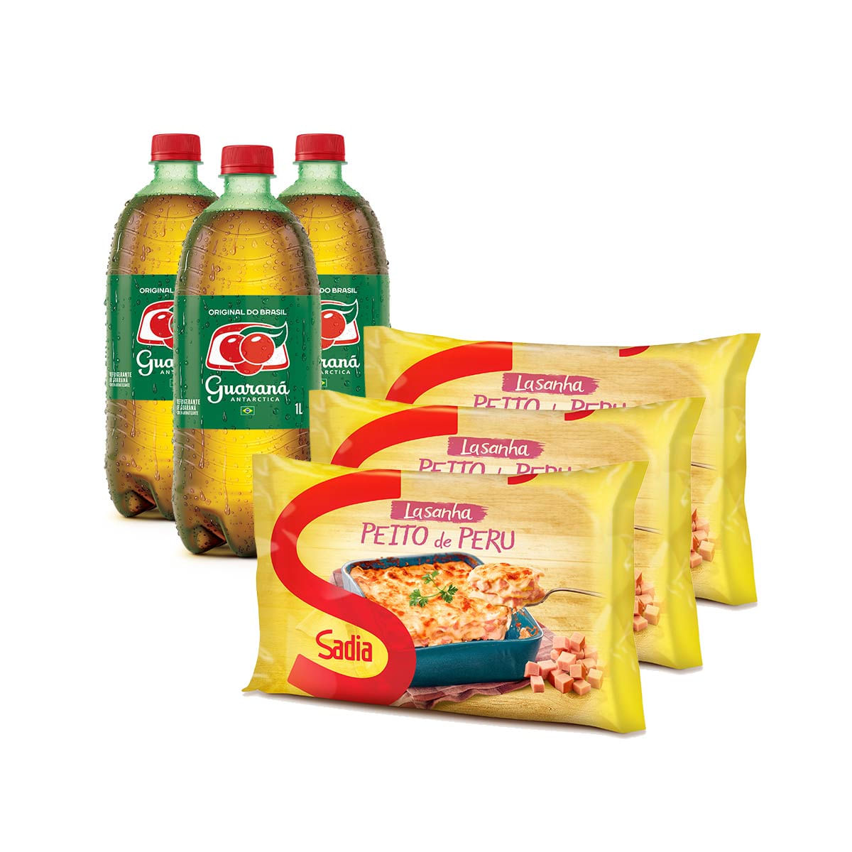 3 Lasanhas Peito de Peru Sadia 600 g e 3 Guaranás Antarctica 1 L com 20% de Desconto