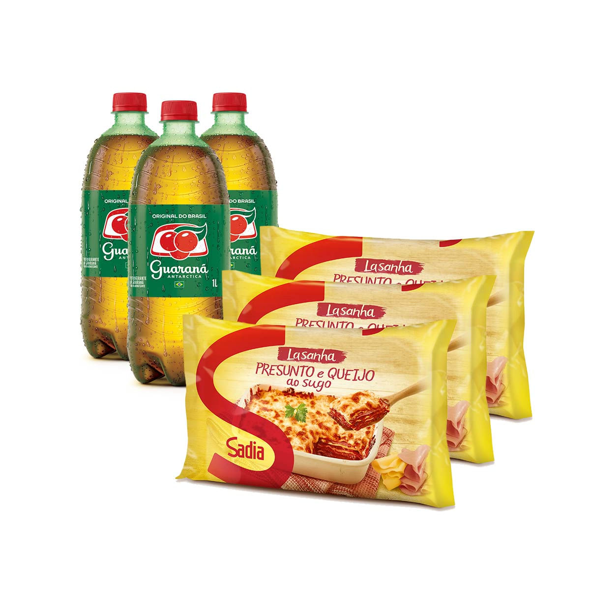 3 Lasanhas Presunto e Queijo Sadia 600 g e 3 Guaranás Antarctica 1 L com 20% de Desconto