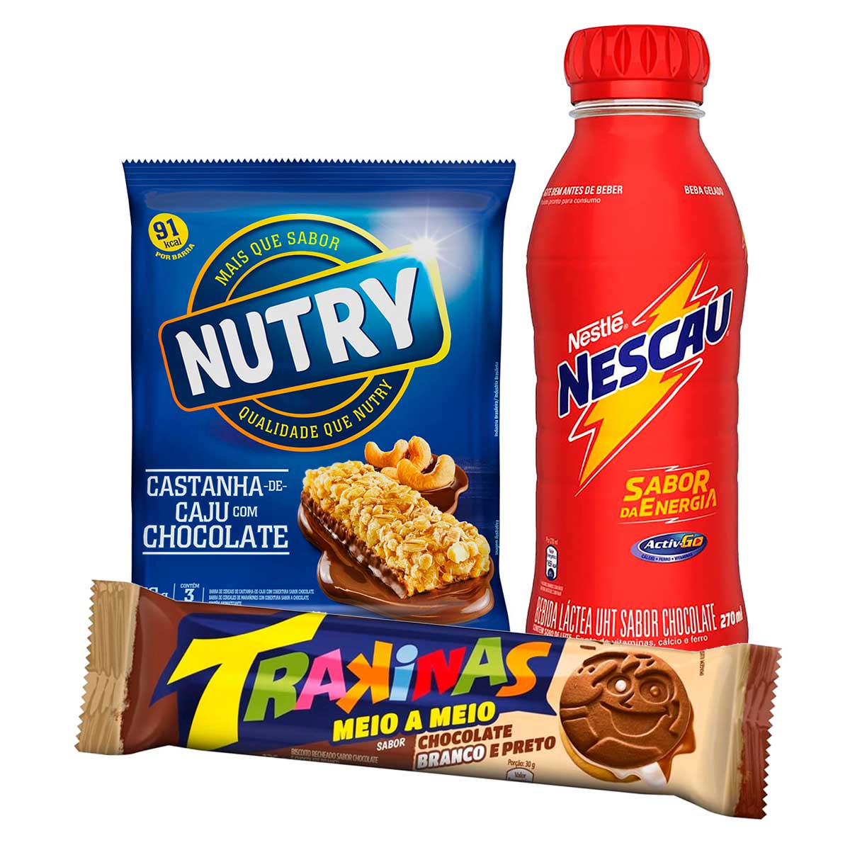 Trakinas Meio a Meio + Bebida Láctea Nescau sem Glúten 270ml + Barra de Cereal Castanha Caju e Chocolate 3 Unds