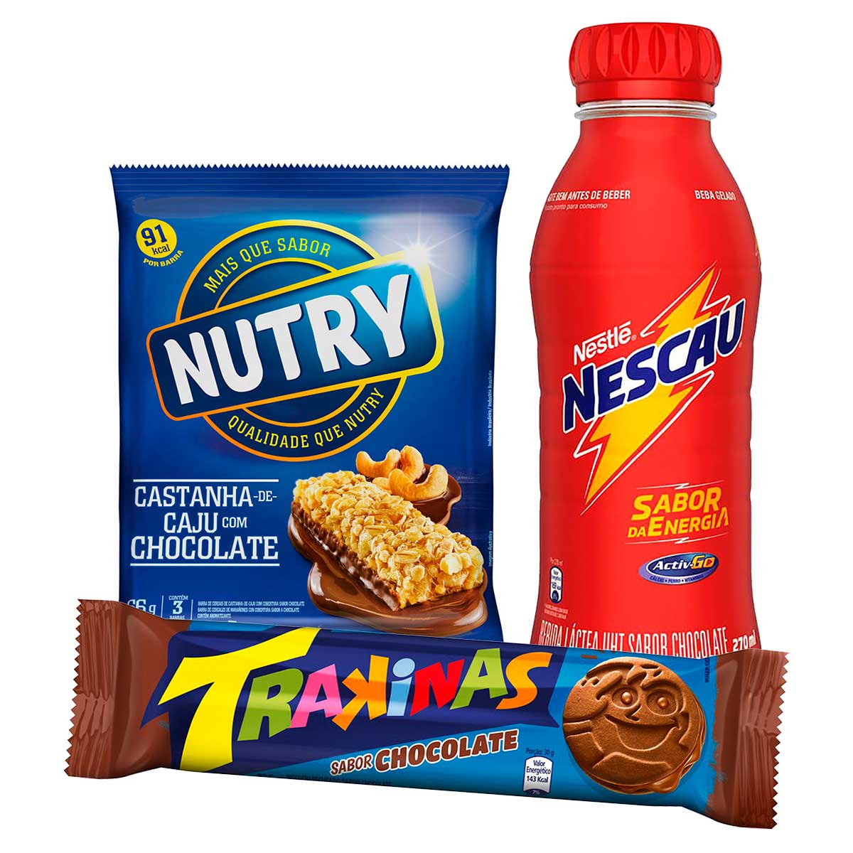 Trakinas Chocolate + Bebida Láctea Nescau sem Glúten 270ml + Barra de Cereal Castanha Caju com Chocolate 3 Unds