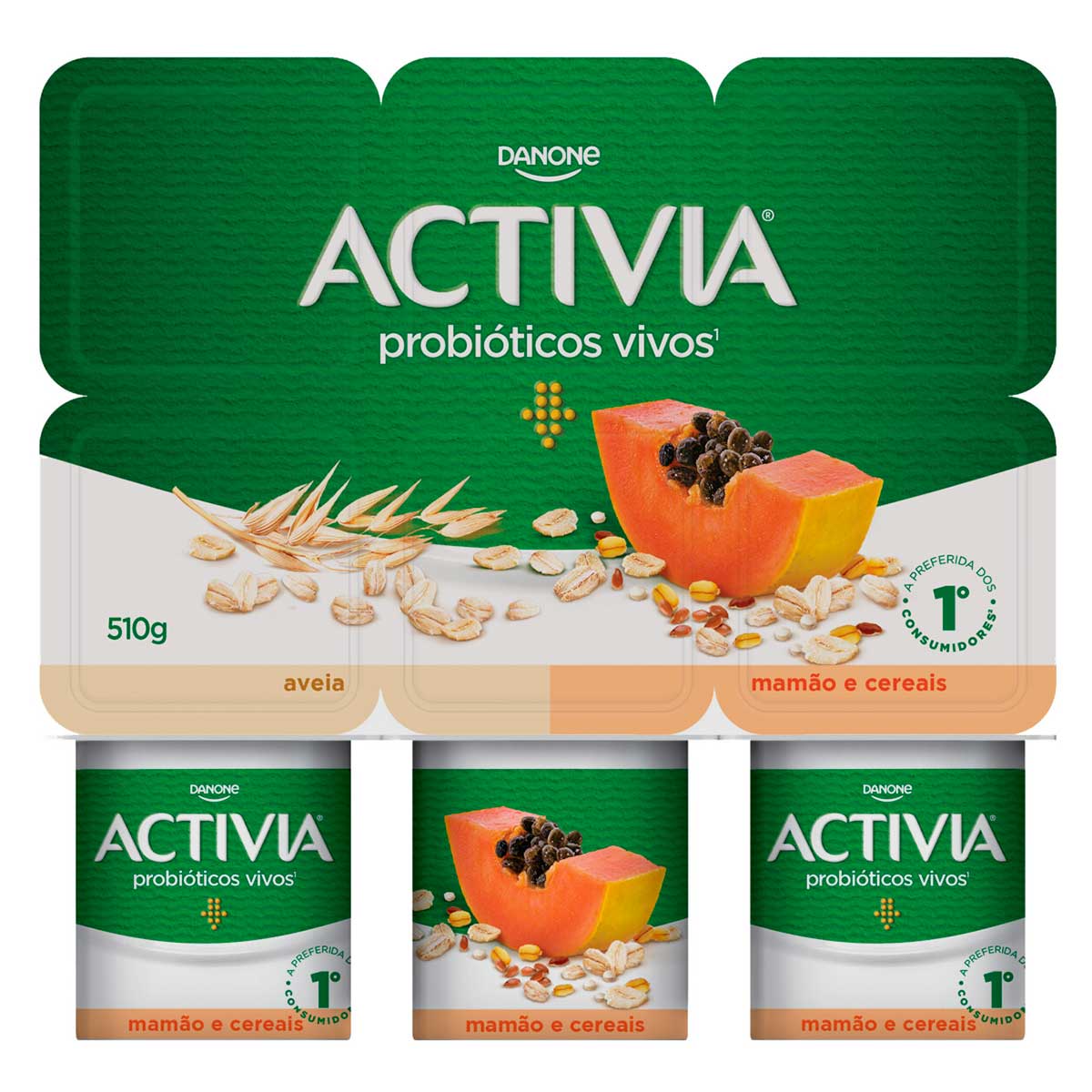 Leite Fermentado Integral Sabor Aveia + Mamão e Cereais Activia 510g 6 Unidades