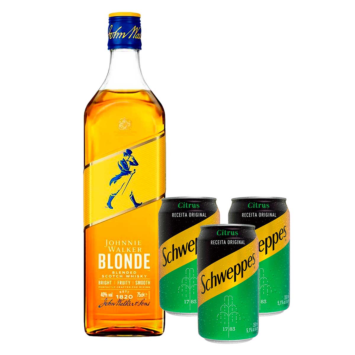 1 Whisky Johnnie Walker Blonde 750ml + 3 Refrigerantes Schweppes Citrus Lata 350 ml