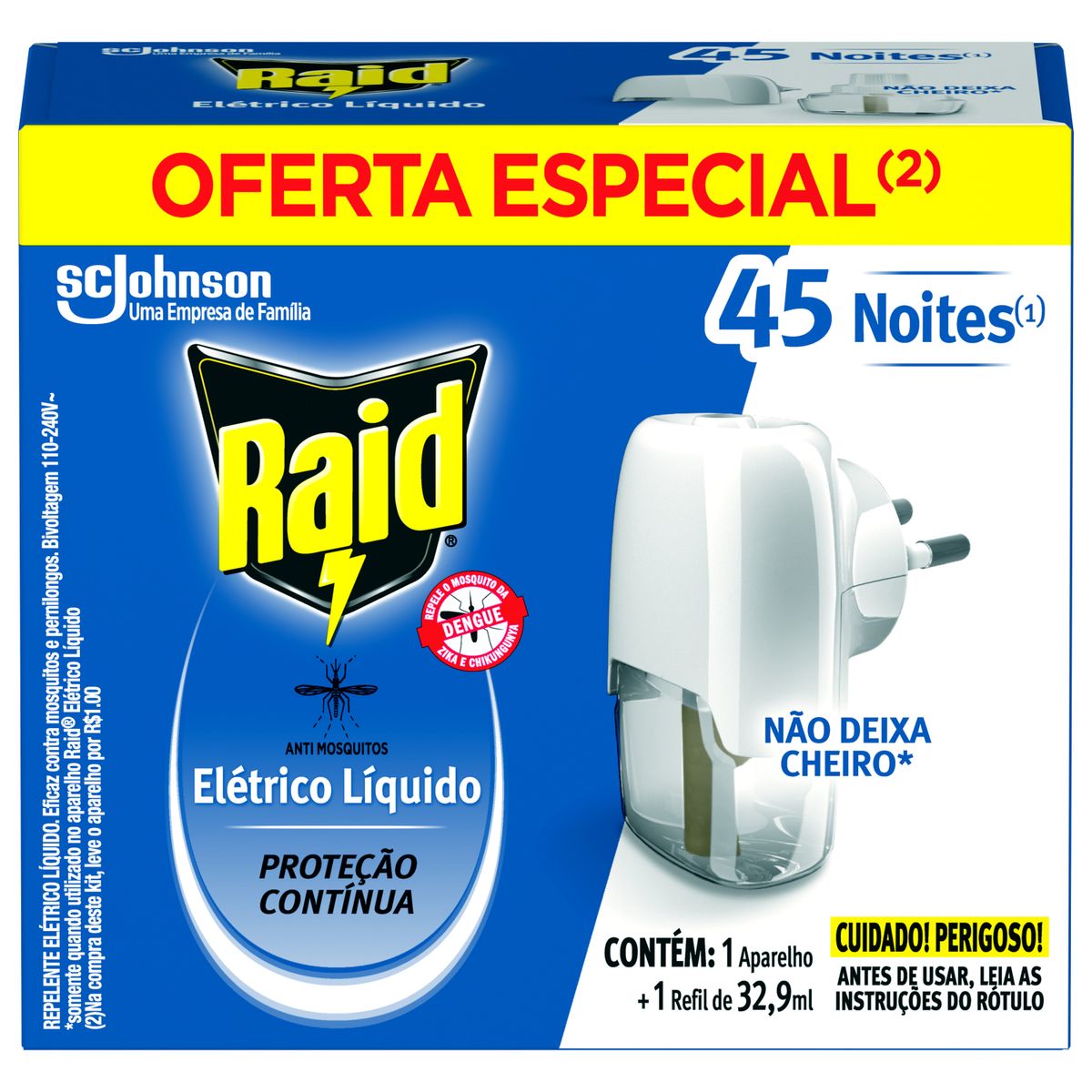 Repelente Elétrico Líquido Raid 45 Noites Aparelho e Refil de 32,9ml Oferta Especial