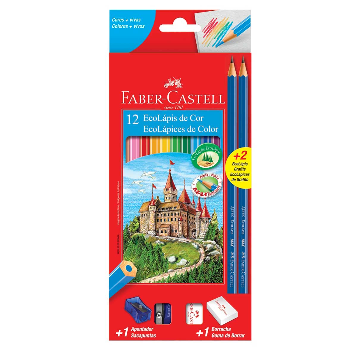 Kit Lápis de Cor EcoLápis 12 Cores, Apontador, Borracha e 2 EcoLápis Grafite Faber Castell