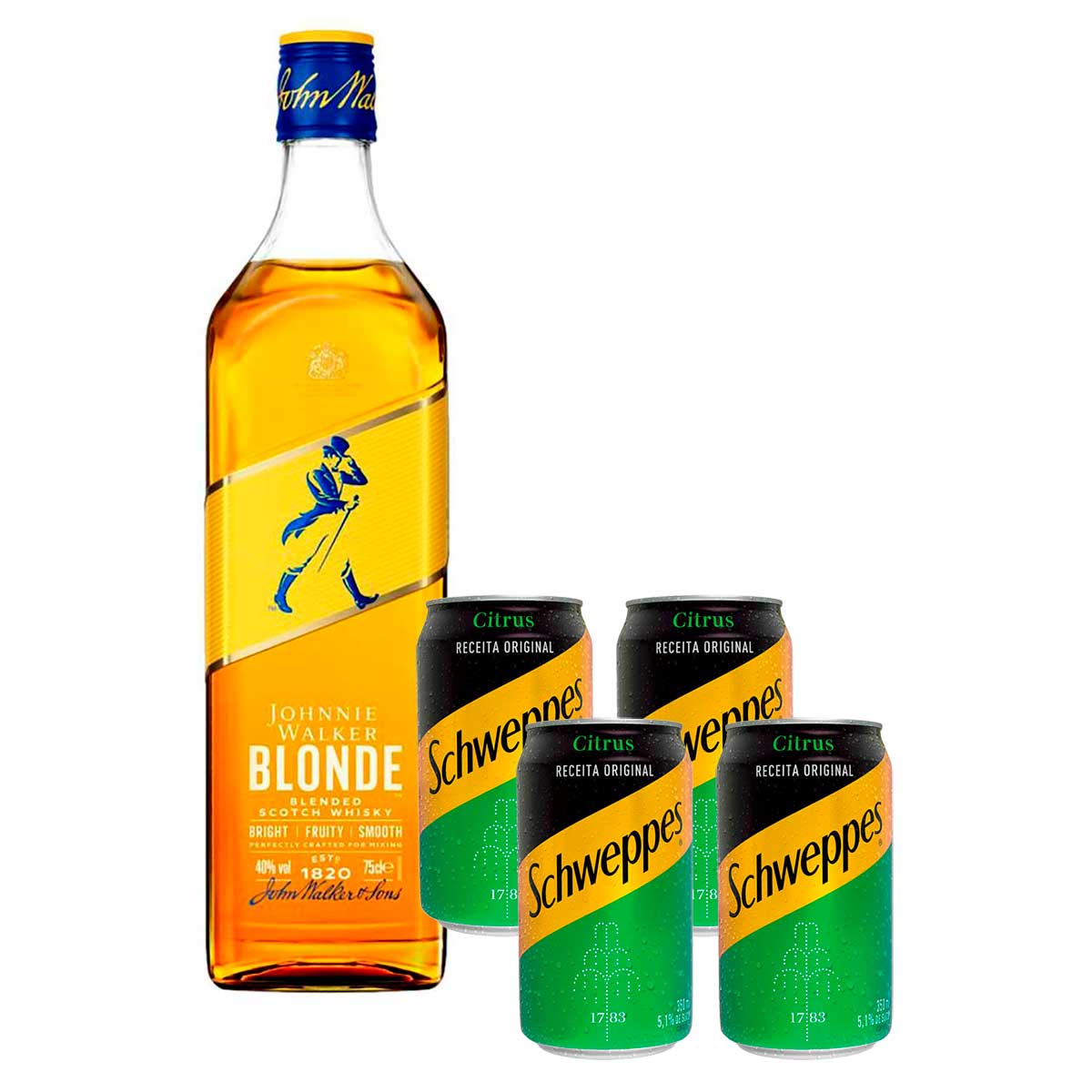 1 Whisky Johnnie Walker Blonde 750ml + 4 Refrigerantes Schweppes Citrus Lata 350ml