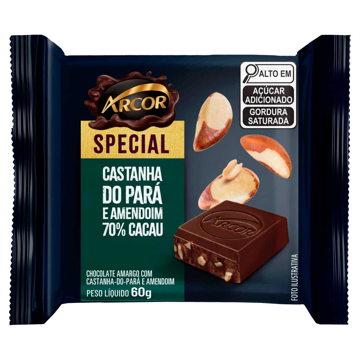 Chocolate Amargo 70% Cacau com Castanha-do-Pará e Amendoim Arcor Special 60g