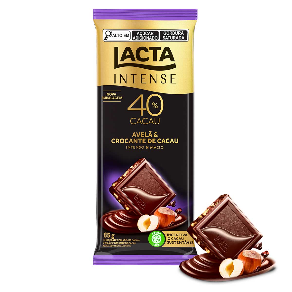 Chocolate Lacta Intense Meio Amargo 40% Avelã e Crocante 85g