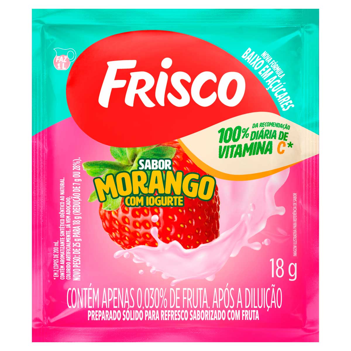 Preparado Sólido para Refresco em Pó Saborizado com Fruta Morango com Iogurte Frisco Pacote 18g