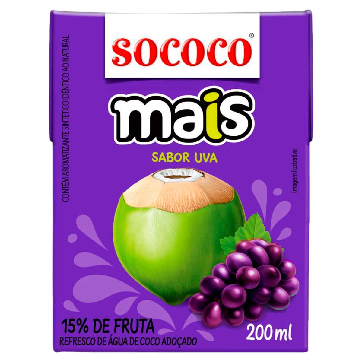 Refresco de Água de Coco Adoçado Sabor Uva Sococo Mais 200ml