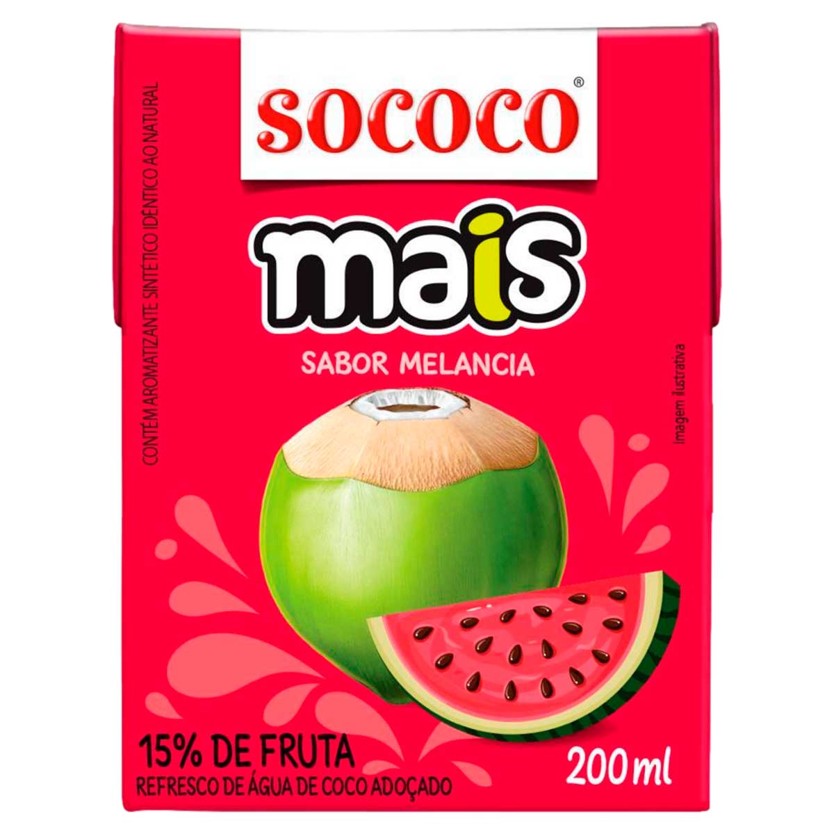 Refresco de Água de Coco Adoçado Sabor Melancia Sococo Mais 200ml