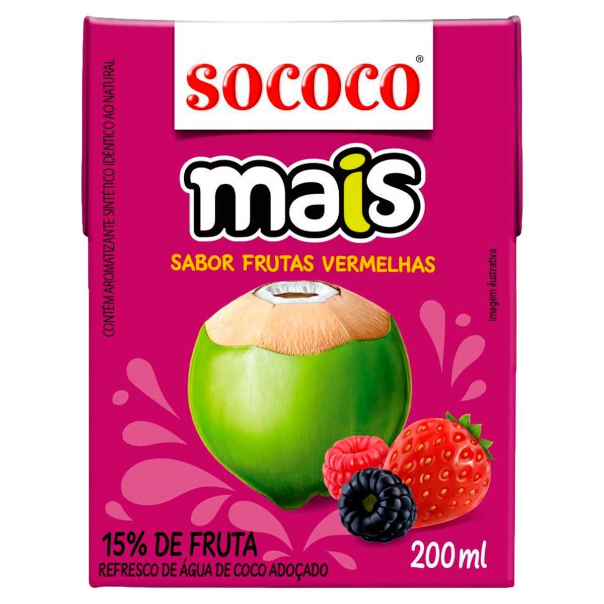 Refresco de Água de Coco Adoçado Sabor Frutas Vermelhas Sococo Mais 200ml