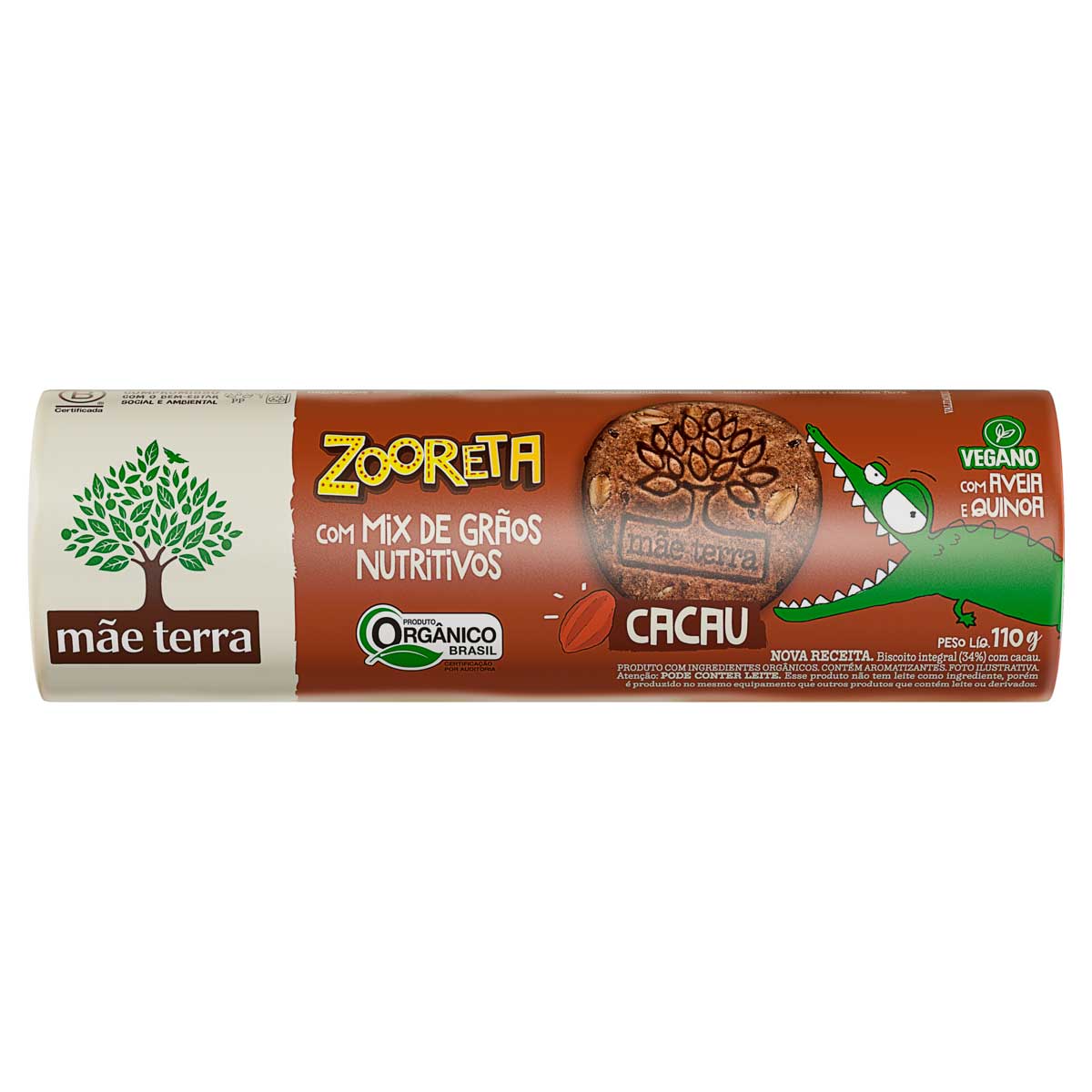 Biscoito com Mix de Grãos Vegano 34% Integral Orgânico Cacau Mãe Terra Zooreta 110g