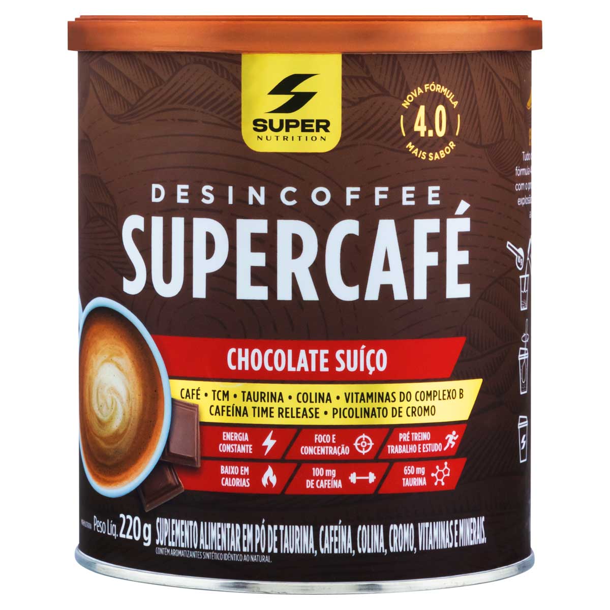 Suplemento Alimentar em Pó de Taurina Sabor Chocolate Suíço Super Nutrition Desincoffee Supercafé 220g