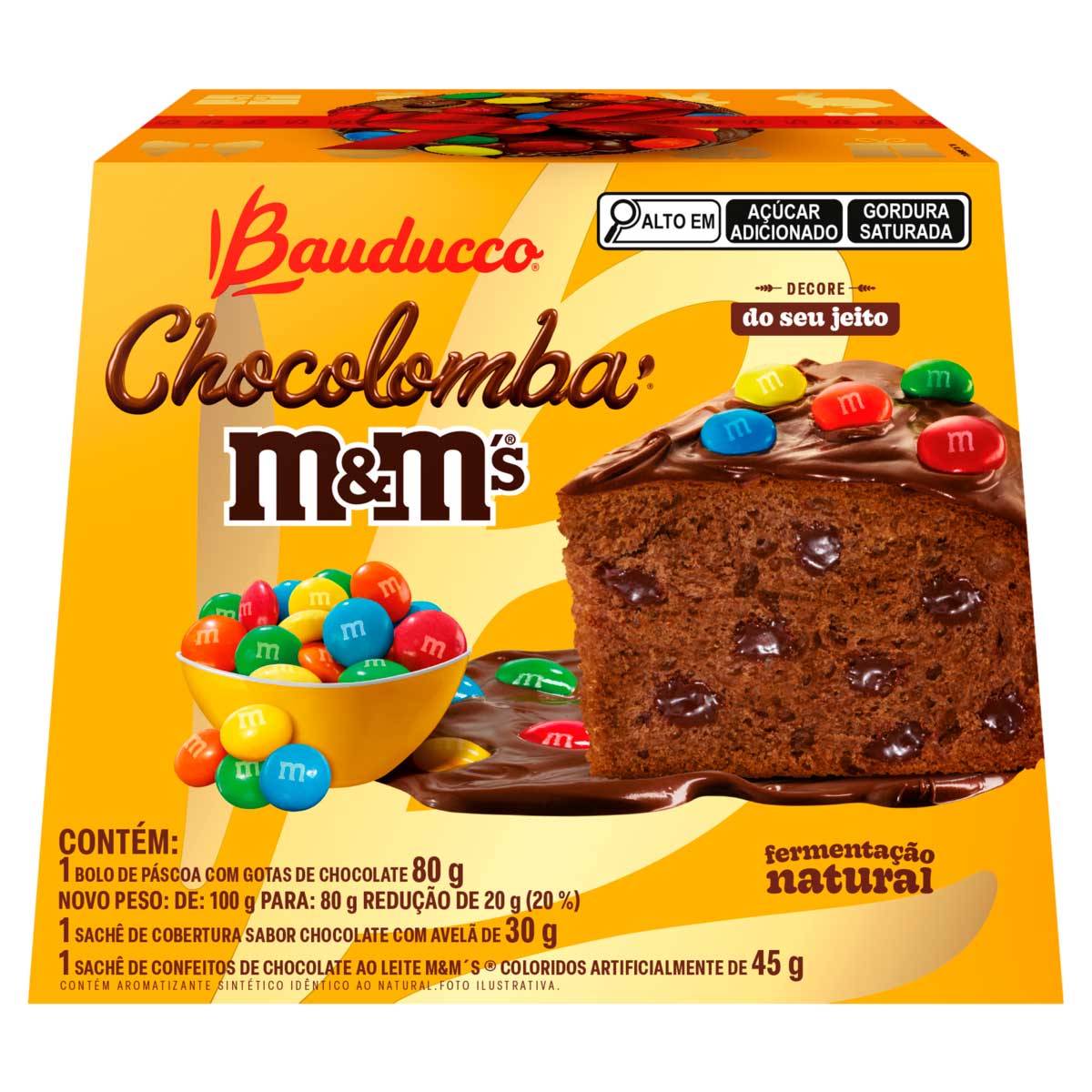 Bolo de Páscoa Gotas de Chocolate + Sachê Cobertura Chocolate com Avelã Bauducco Chocolomba + Sachê Confeitos Chocolate ao Leite M&M's