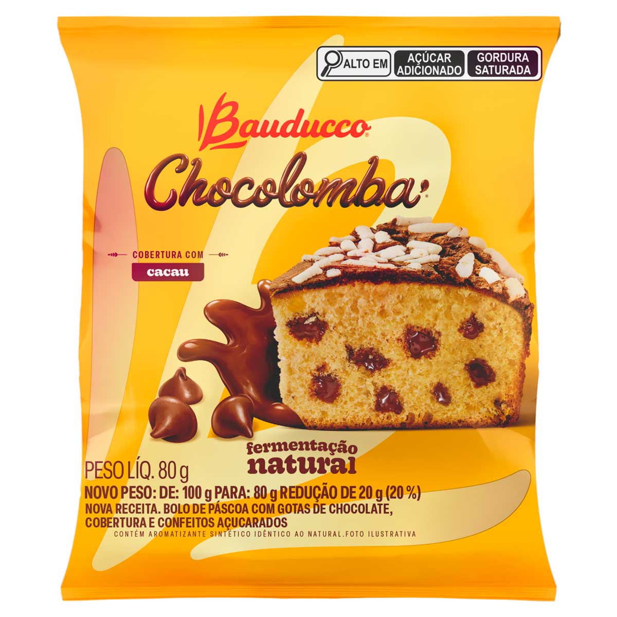 Bolo de Páscoa Gotas de Chocolate Cobertura Cacau e Confeitos Açucarados Bauducco Chocolomba 80g