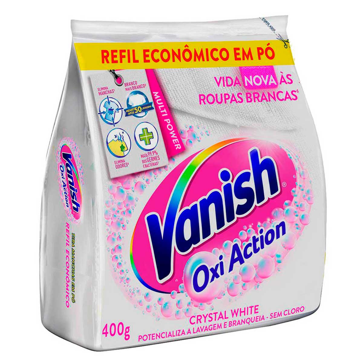 Tira Manchas em Pó Vanish Crystal White Oxi Action para roupas brancas Refil Econômico 400g