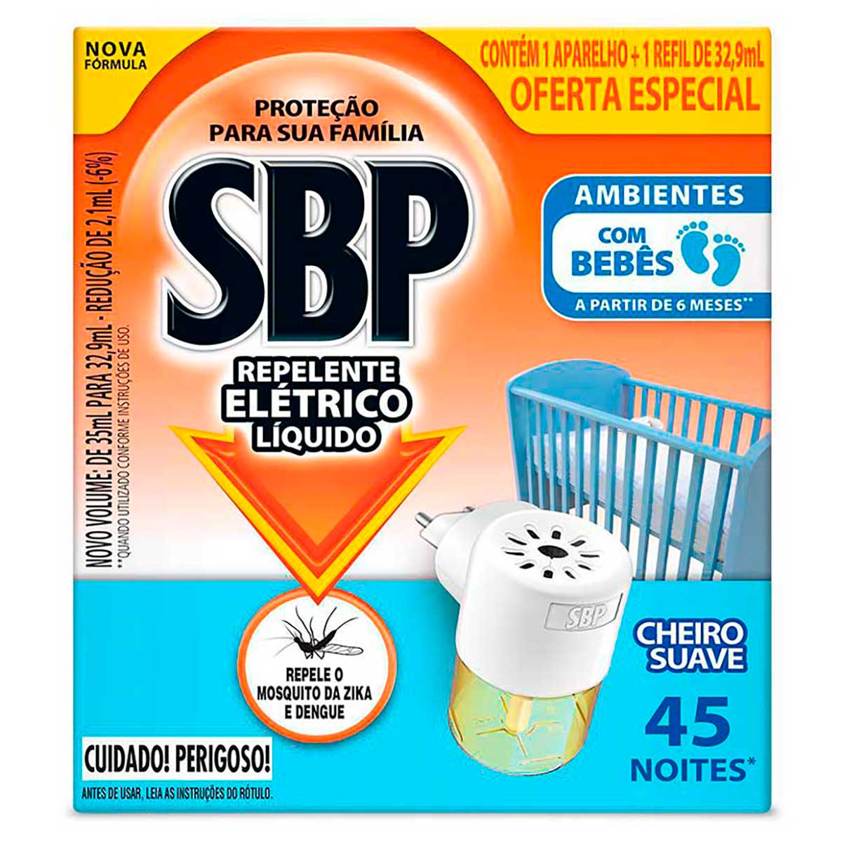 Repelente Elétrico Líquido SBP 45 Noites Cheiro Suave Novo Aparelho + Refil