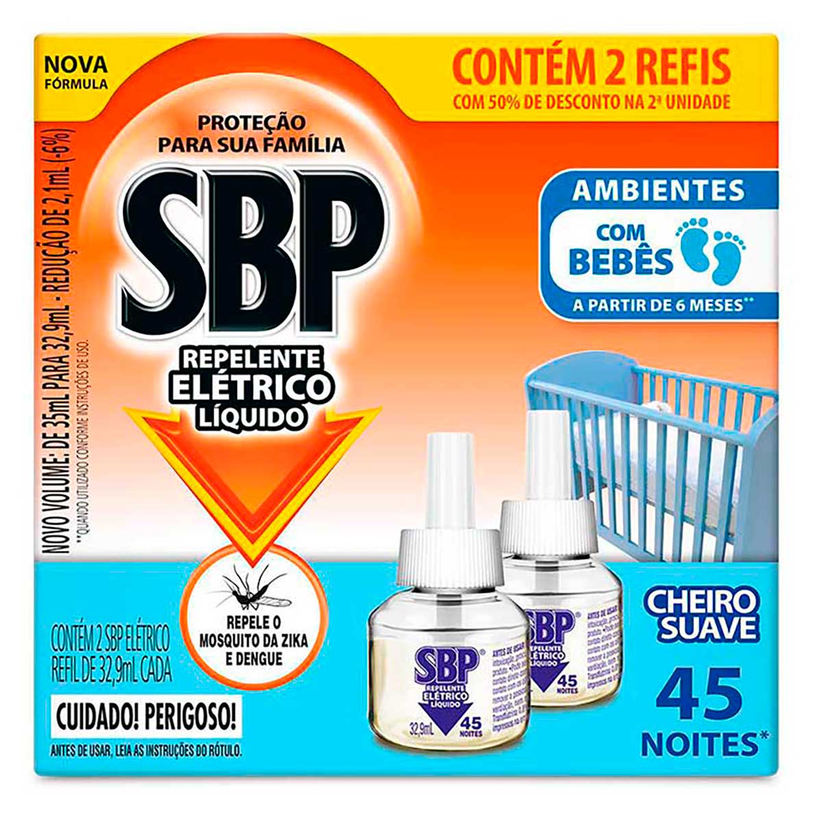 Repelente Elétrico Líquido SBP 45 Noites Cheiro Suave com 2 unidades de 32,9ml