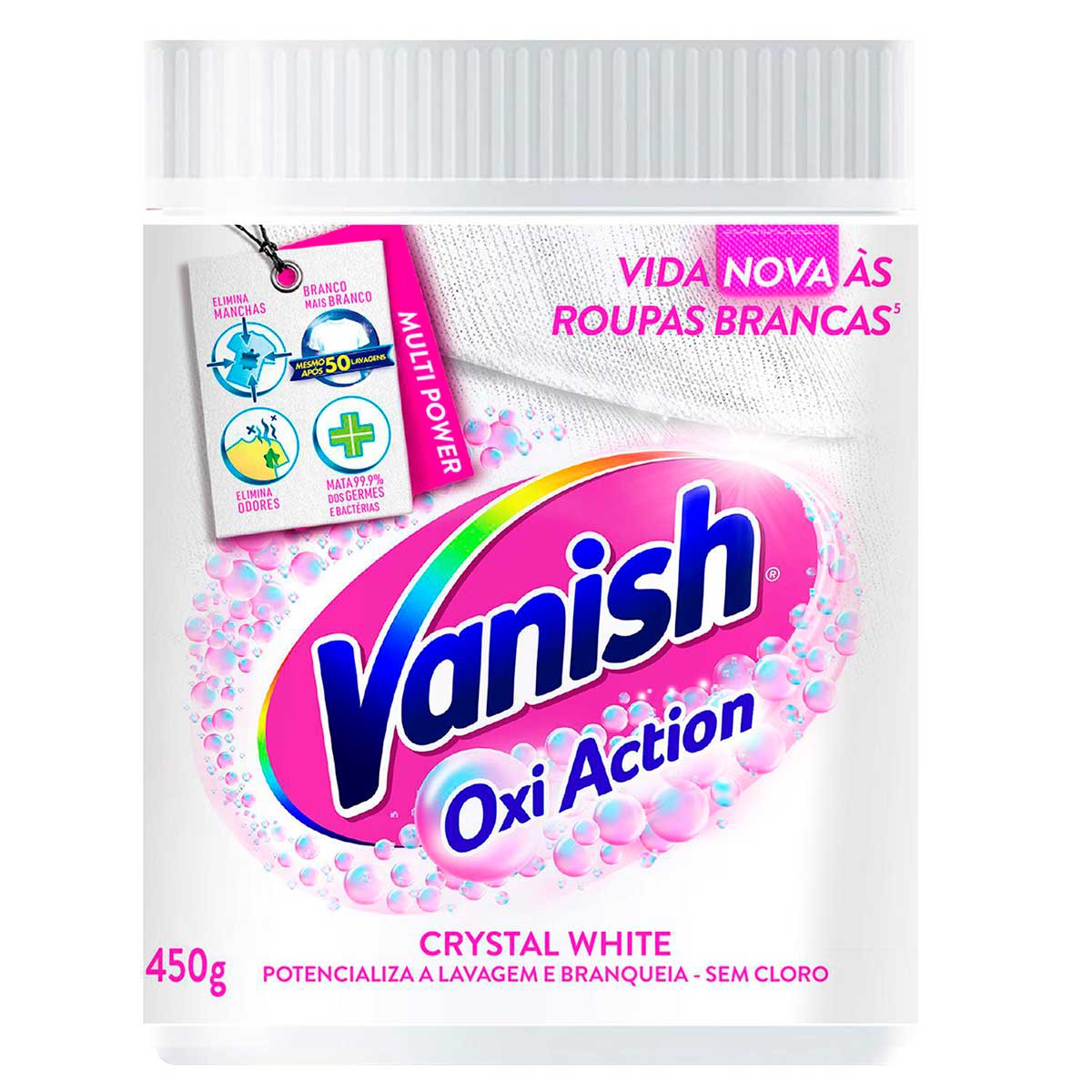 Tira Manchas em Pó Vanish Crystal White Oxi Action para roupas brancas 450g