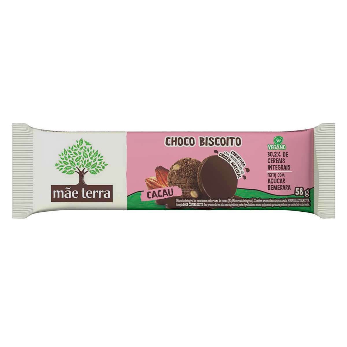 Biscoito Integral Cacau Cobertura Chocolate (31,2%) Mãe Terra Choco 58g