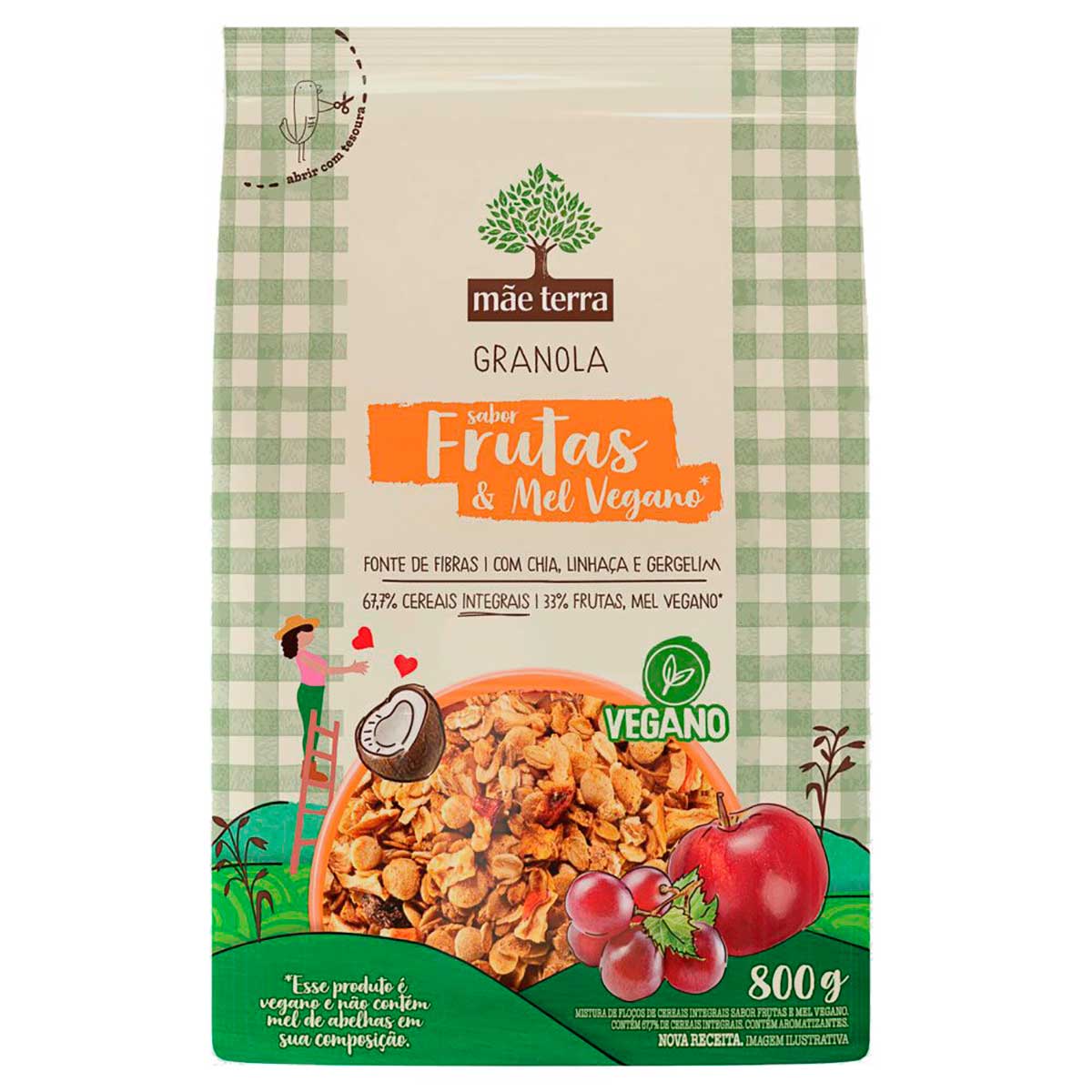 Granola de Cereais Integrais, Sementes Chia, Linhaça e Gergelim, Frutas, Mel Vegano Melado de Cana Mãe Terra 800g