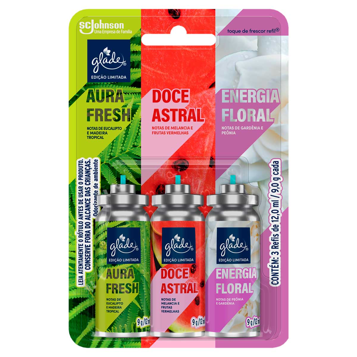 Kit Odorizador de Ambiente Aura Fresh Mais Doce Astral Mais Energia Floral Glade Toque de Frescor 12ml Cada Refil