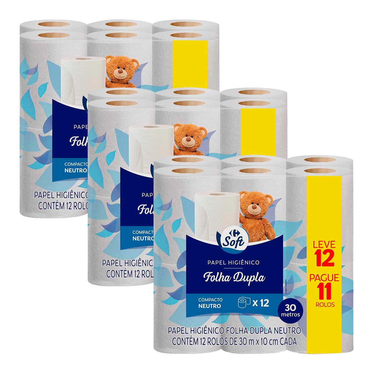 Kit Papel Higiênico Folha Dupla Neutro 30 Metros Carrefour Soft Leve 12 Pague 11 Unidades 3 Packs