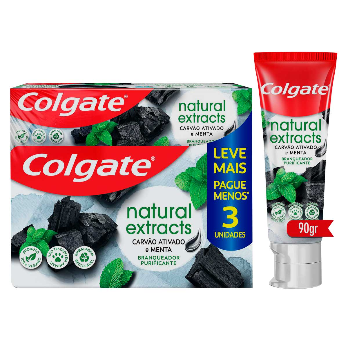 Creme Dental Colgate Natural Extracts Carvão Ativado e Menta 3 Unidades de 90g