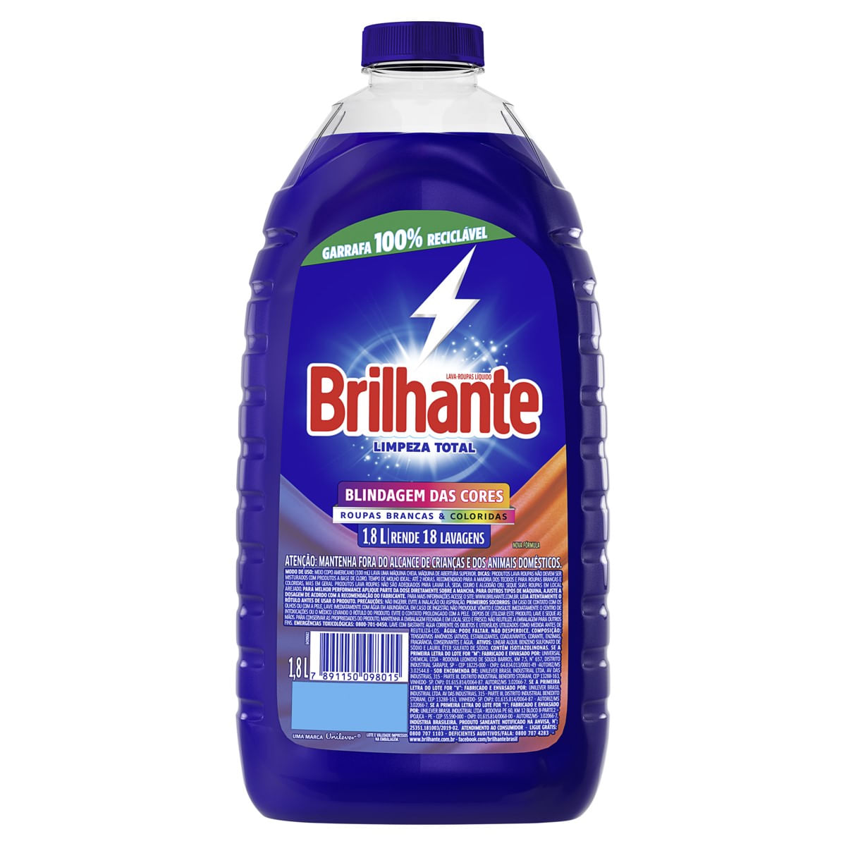 Sabão Líquido Brilhante Roupas Brancas e Coloridas Limpeza Total 1,8L
