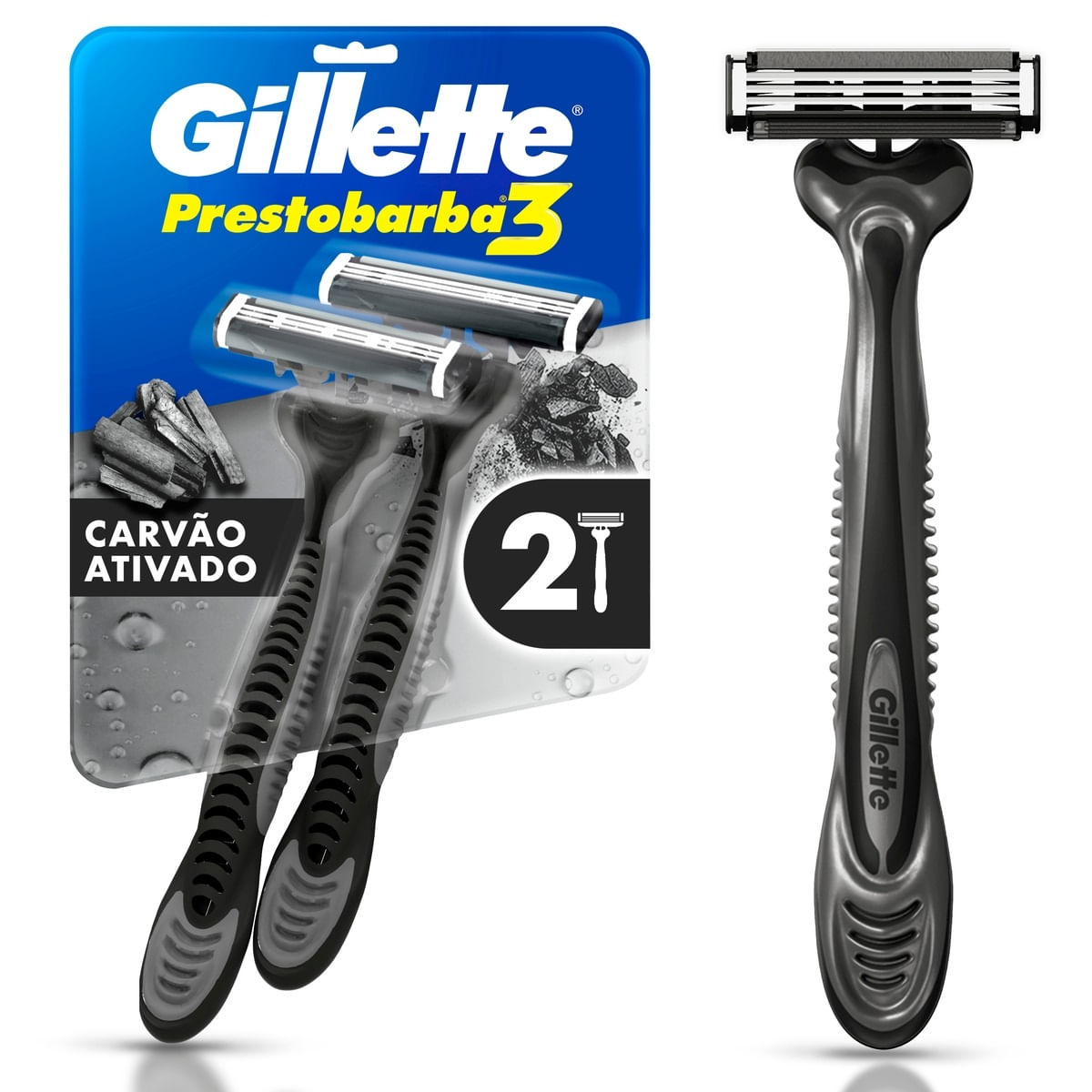 Aparelho Descartável para Barbear Gillette Prestobarba3 Carvão Ativado 2 Unidades