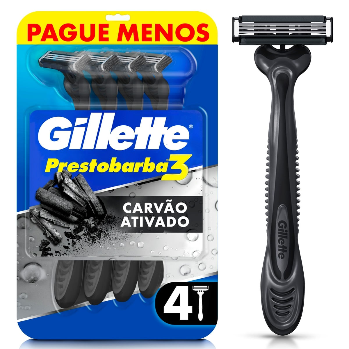 Aparelho Descartável para Barbear Gillette Prestobarba3 Carvão Ativado 4 Unidades