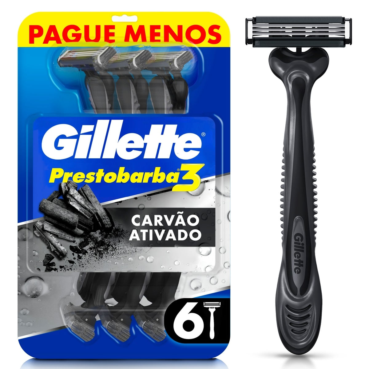 Aparelho Descartável para Barbear Gillette Prestobarba3 Carvão Ativado 6 Unidades