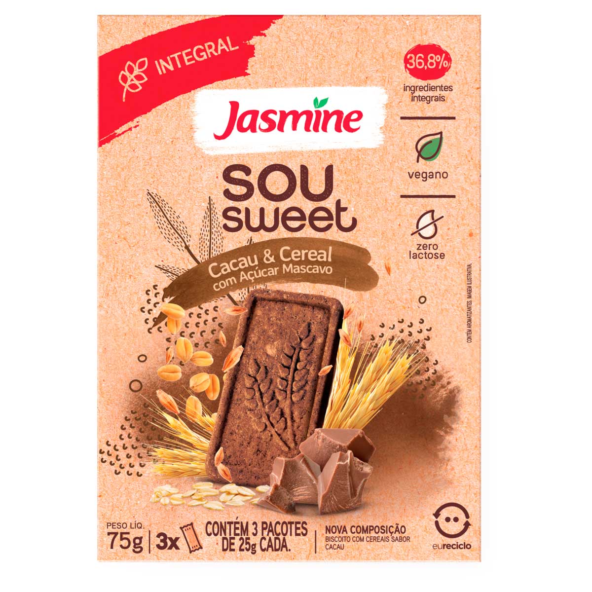 Biscoito Vegano Integral Cacau & Cereais Jasmine Sou Sweet 75g