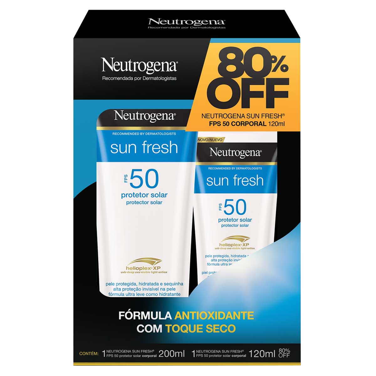 Kit Protetor Solar Corporal Toque Seco FPS 50 200ml e Protetor Solar Corporal FPS 50 120ml Neutrogena Sun Fresh Grátis 80% Off no Protetor Solar 120ml