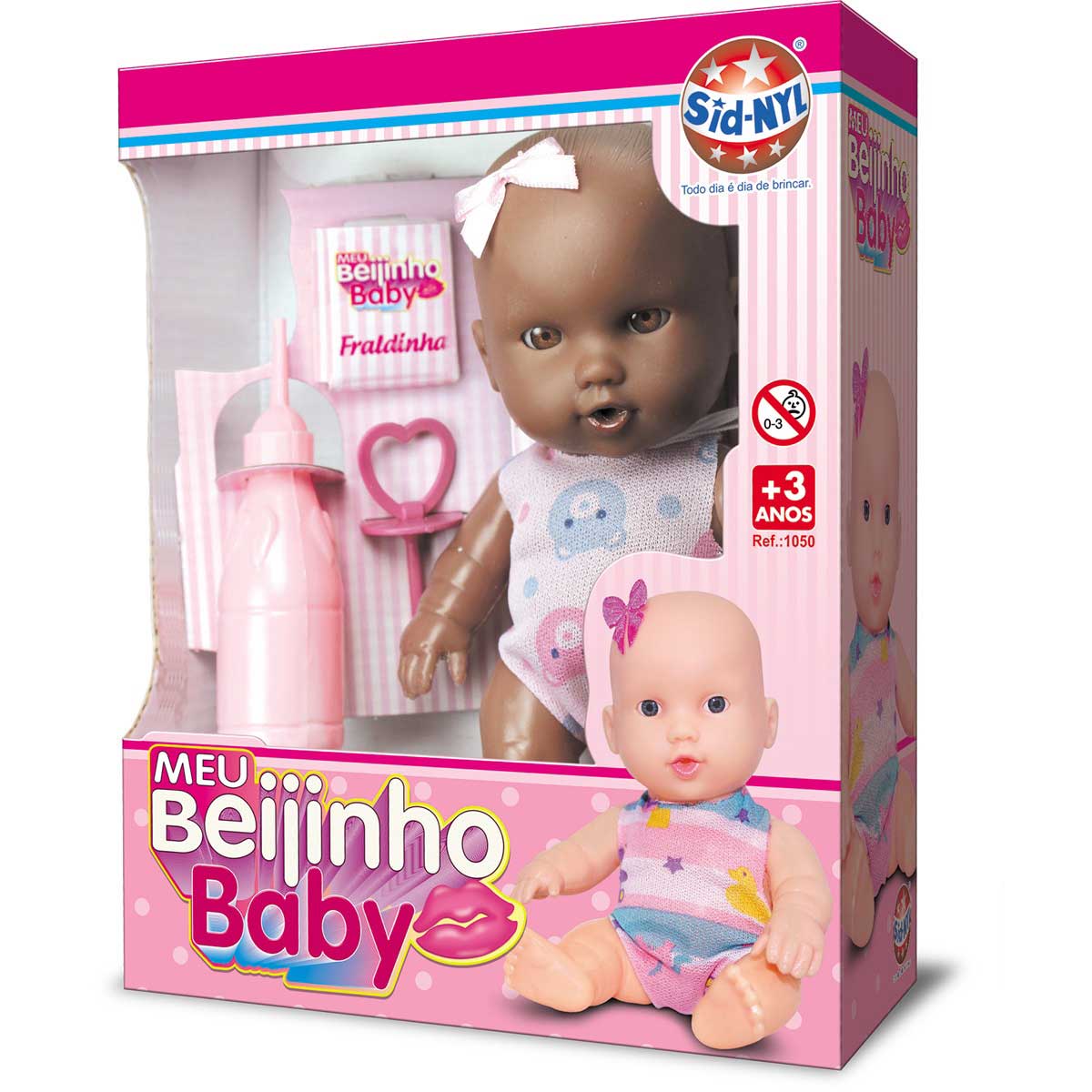 Boneca Meu Beijinho com chupeta + Mamadeira e Fralda na caixa Sid-Nyl Baby Negra