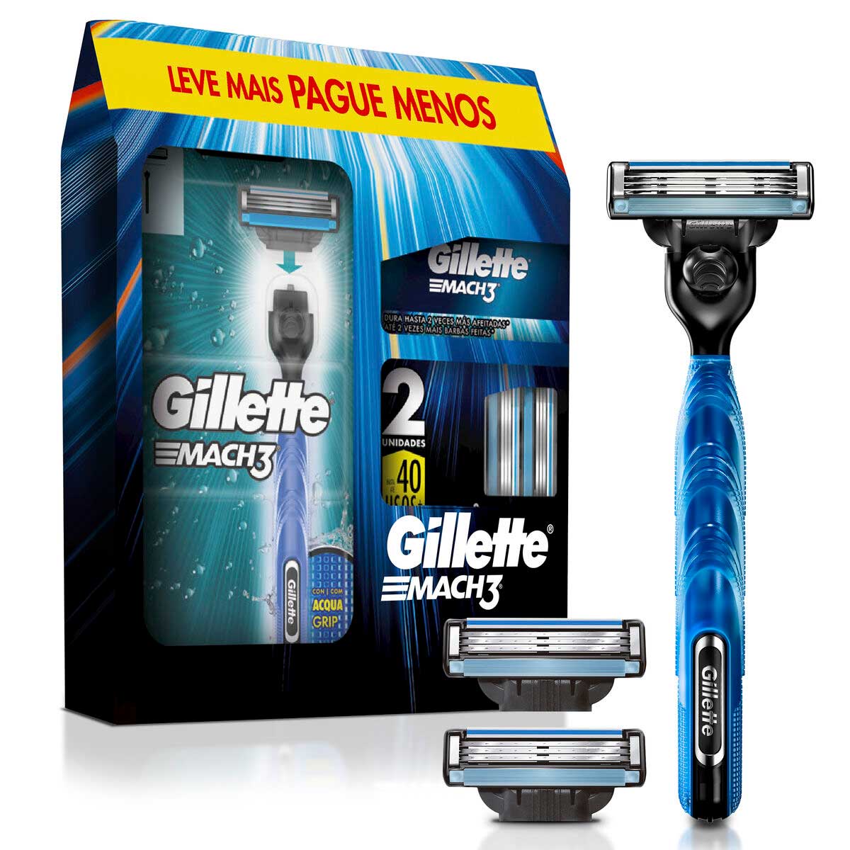 Kit Aparelho de Barbear Gilette Mach3 Acqua Grip 1 Unidade Mais Carga para Aparelho de Barbear 3 Unidades