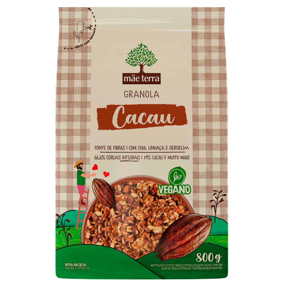 Granola de Cereais Integrais, Sementes Chia, Linhaça, Gergelim e Cacau Mãe Terra 800g