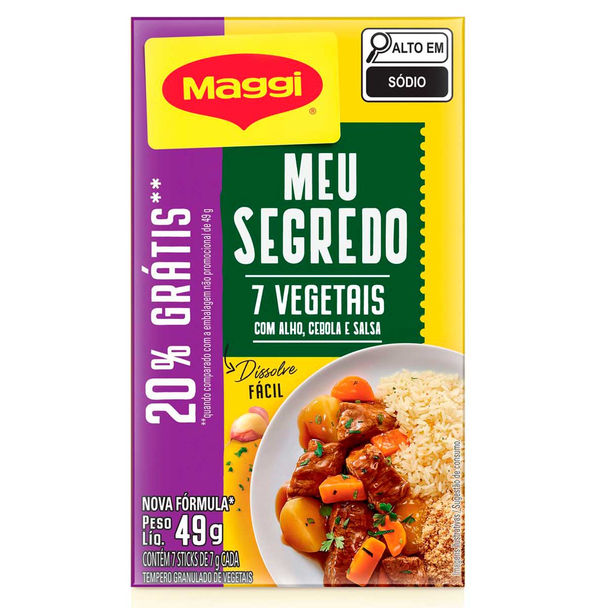 Tempero Granulado 7 Vegetais com Alho, Cebola e Salsa Maggi Meu Segredo 49g 7 Sticks Grátis 20%