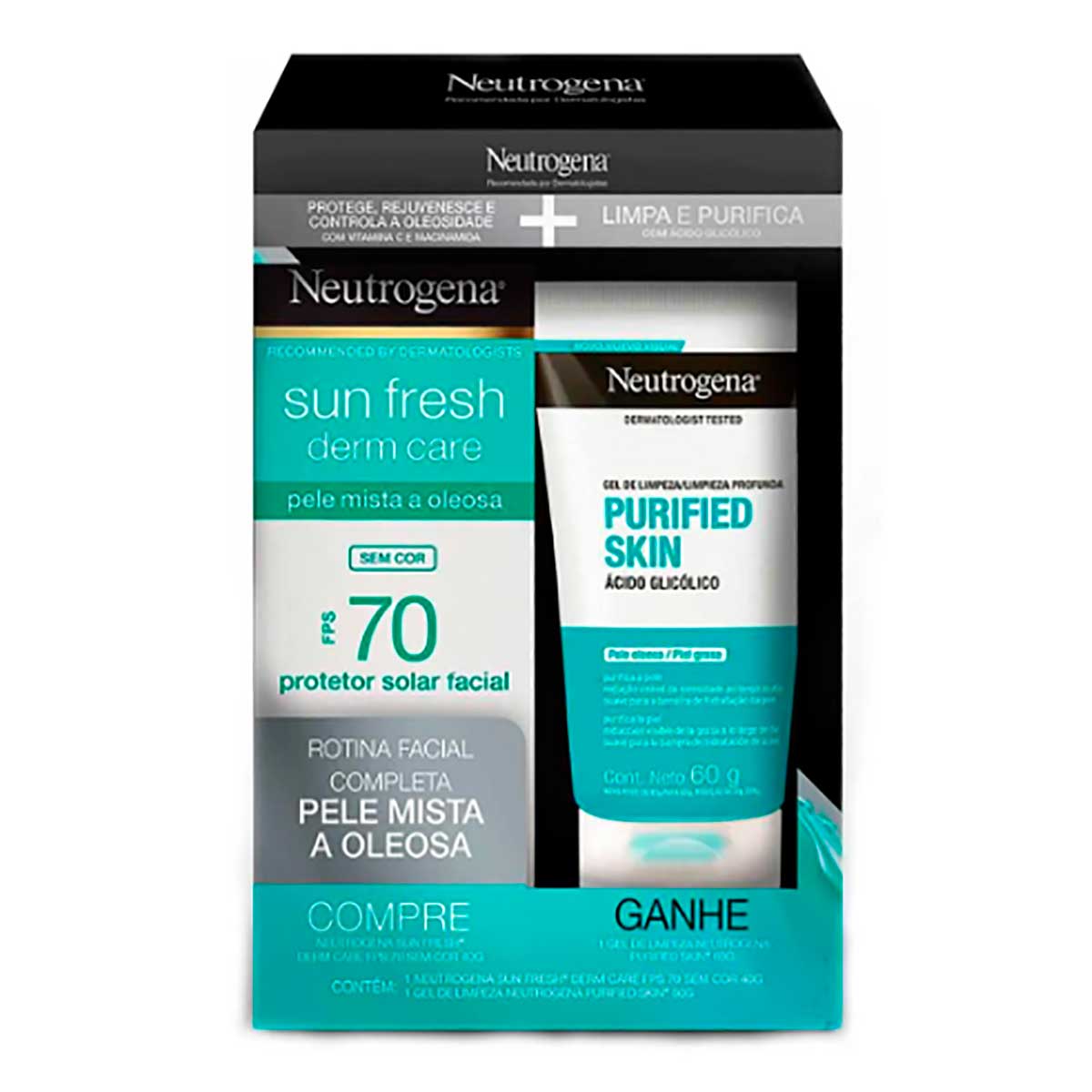 Kit Neutrogena Facial Protetor Solar Sun Fresh Derm Care FPS 70 Sem Cor 40g + Gel de Limpeza Purified Skin 60g