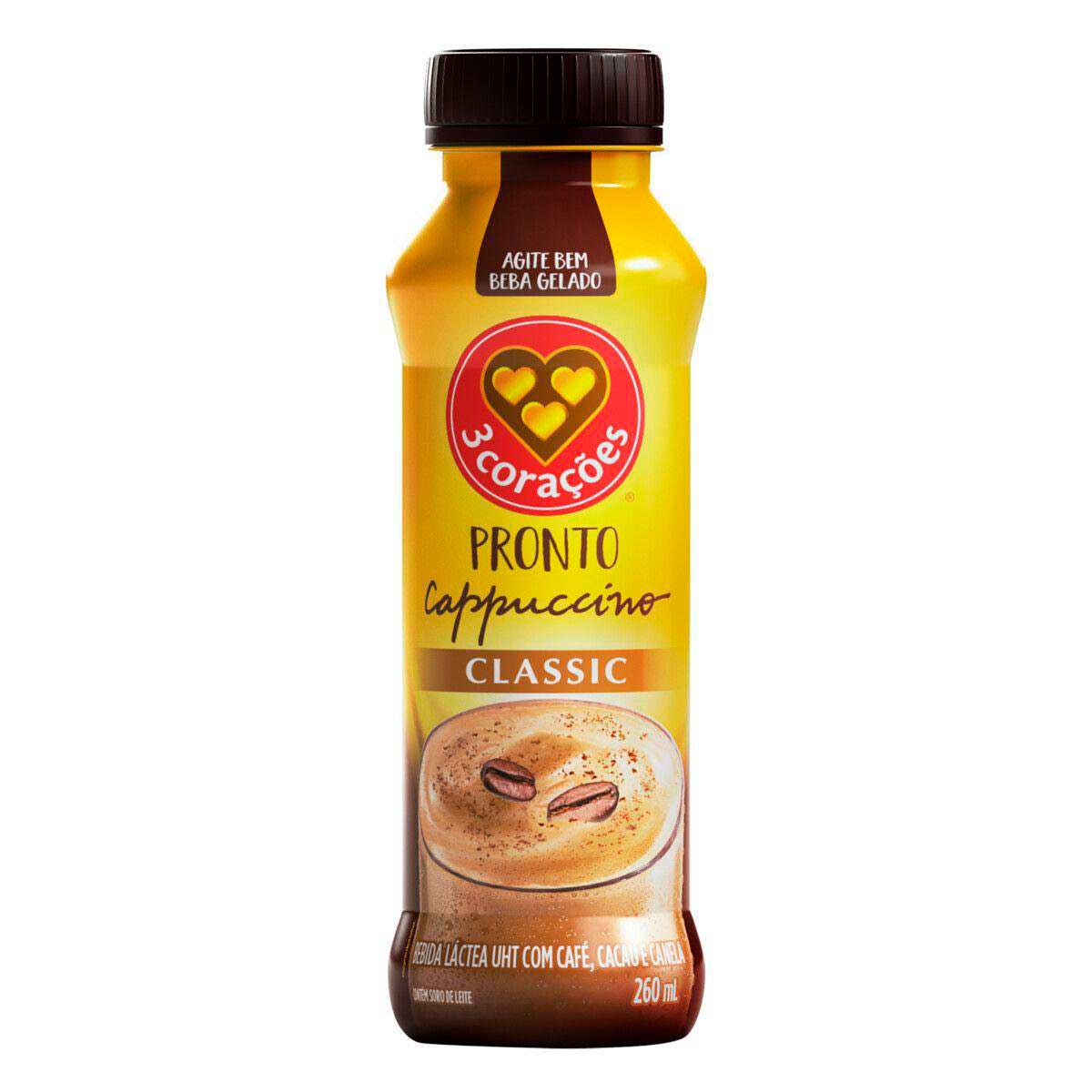 Bebida Láctea UHT Cappuccino Classic Pronto com Café, Cacau e Canela 3 Corações Frasco 260 ml