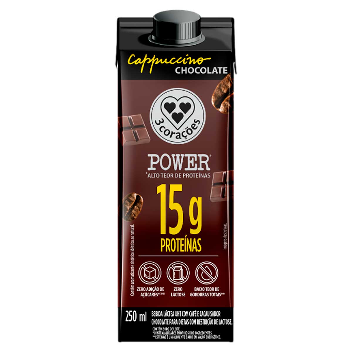 Bebida Láctea Cappuccino Chocolate com Café e Cacau Zero Lactose sem Açúcar 3 Corações Power Whey 250ml