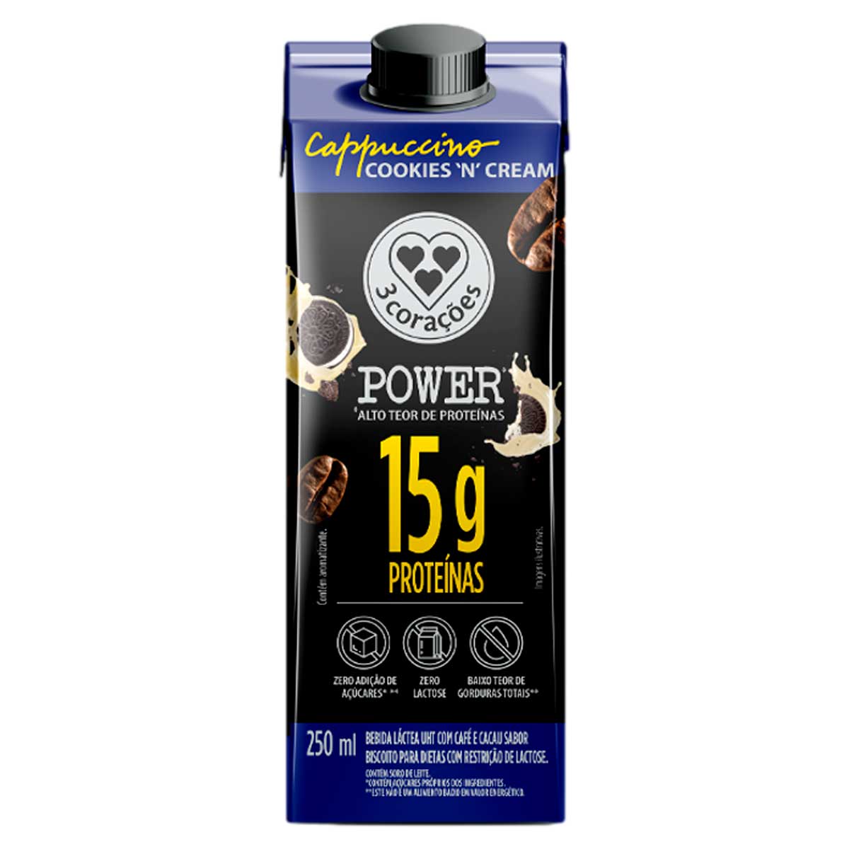 Bebida Láctea Cappuccino Cookies'n Cream com Café e Cacau Zero Lactose sem Açúcar 3 Corações Power Whey 250ml