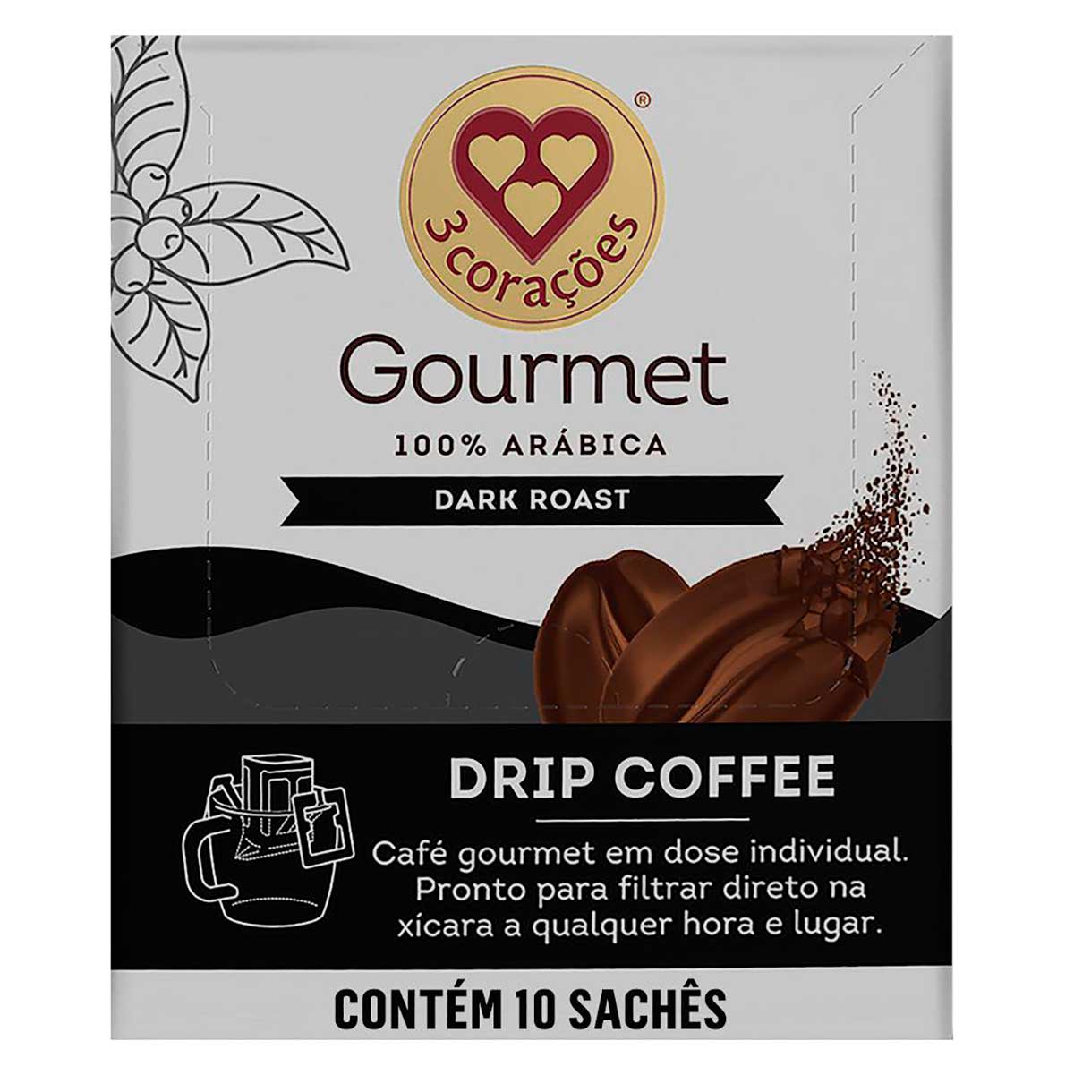 Café em Sachê Torrado e Moído Drip Coffee Filtrado 3 Corações Gourmet Dark Roast Envelope 11g