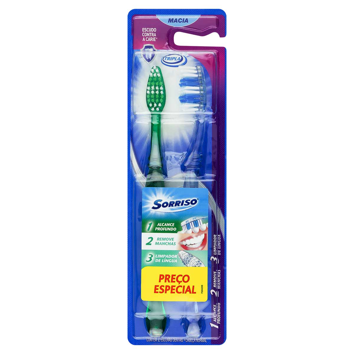 Escova Dental Macia Tripla Cabeça Normal Sorriso 2 Unidades