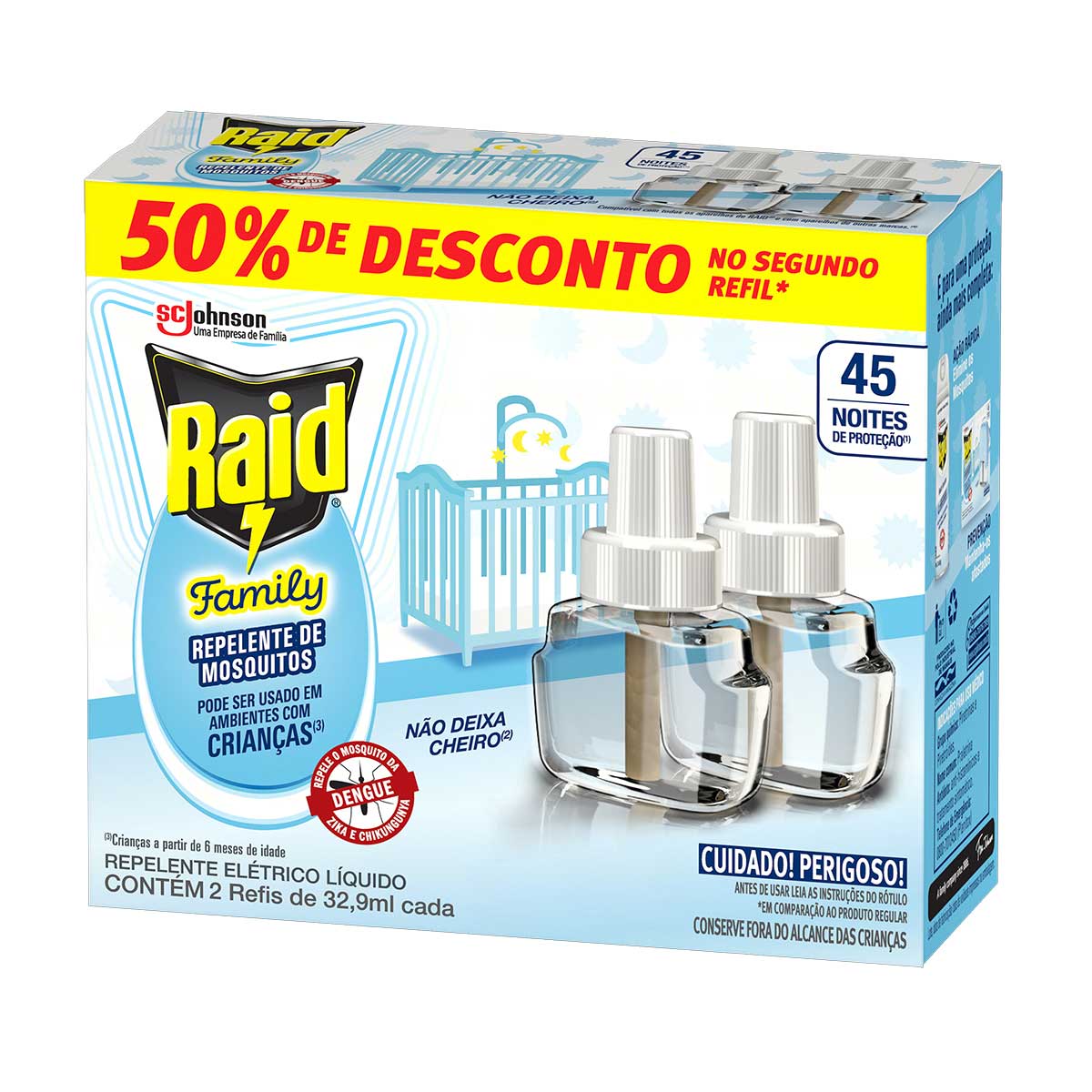 Repelente Líquido Elétrico 45 Noites Raid Family 2 Unidades 32,9ml Cada Grátis 50% de Desconto no Segundo Refil