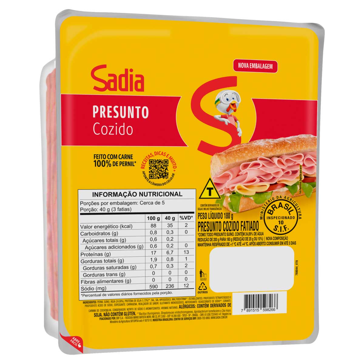 Presunto Cozido Fatiado Sadia Pacote 180g