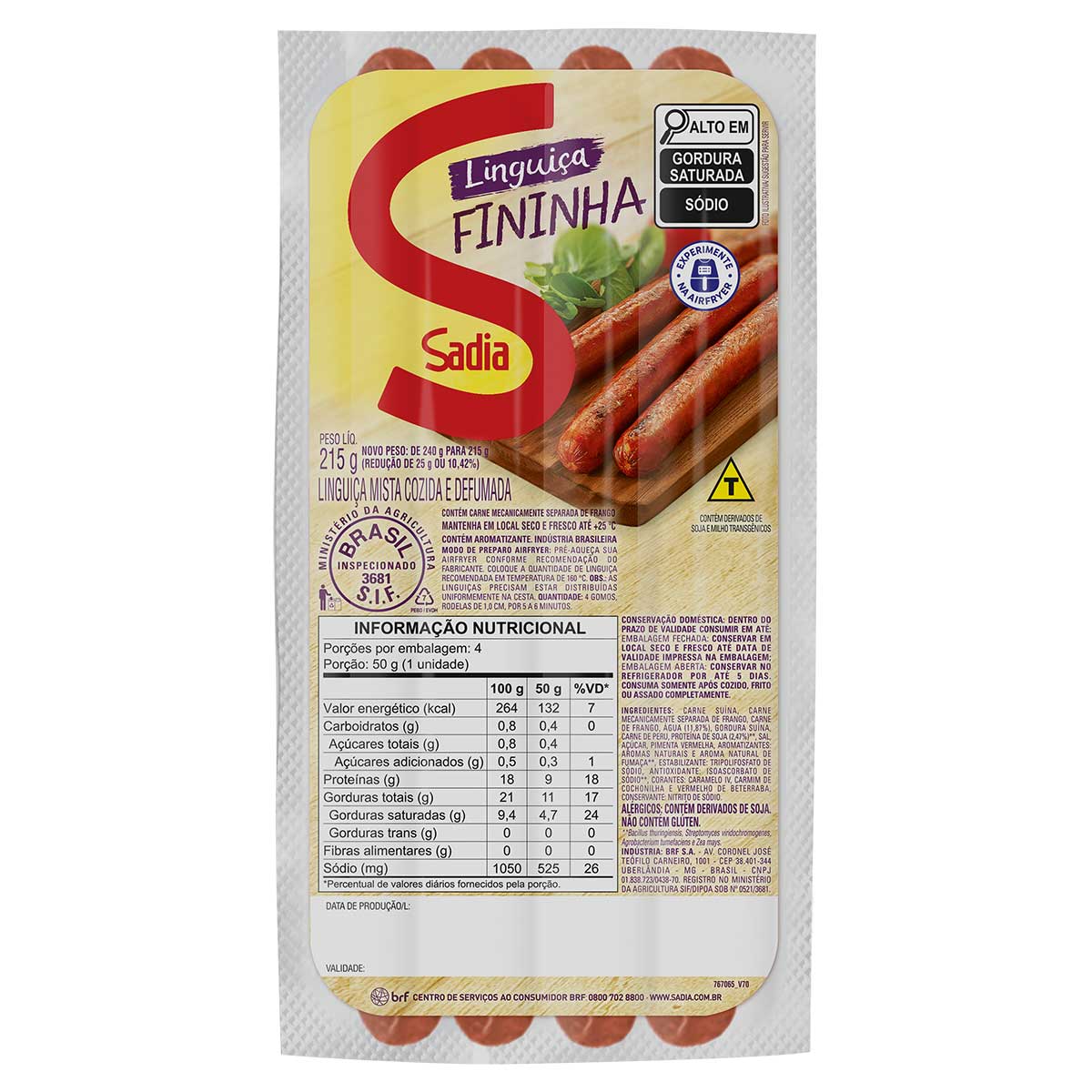 Linguiça Mista Cozida e Defumada Fininha Sadia 215g