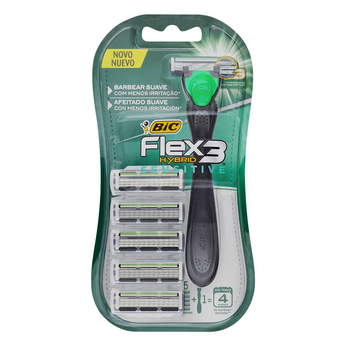 Kit 1 Aparelho Recarregável + 5 Cargas para Barbear Bic Flex 3 Hybrid Sensitive